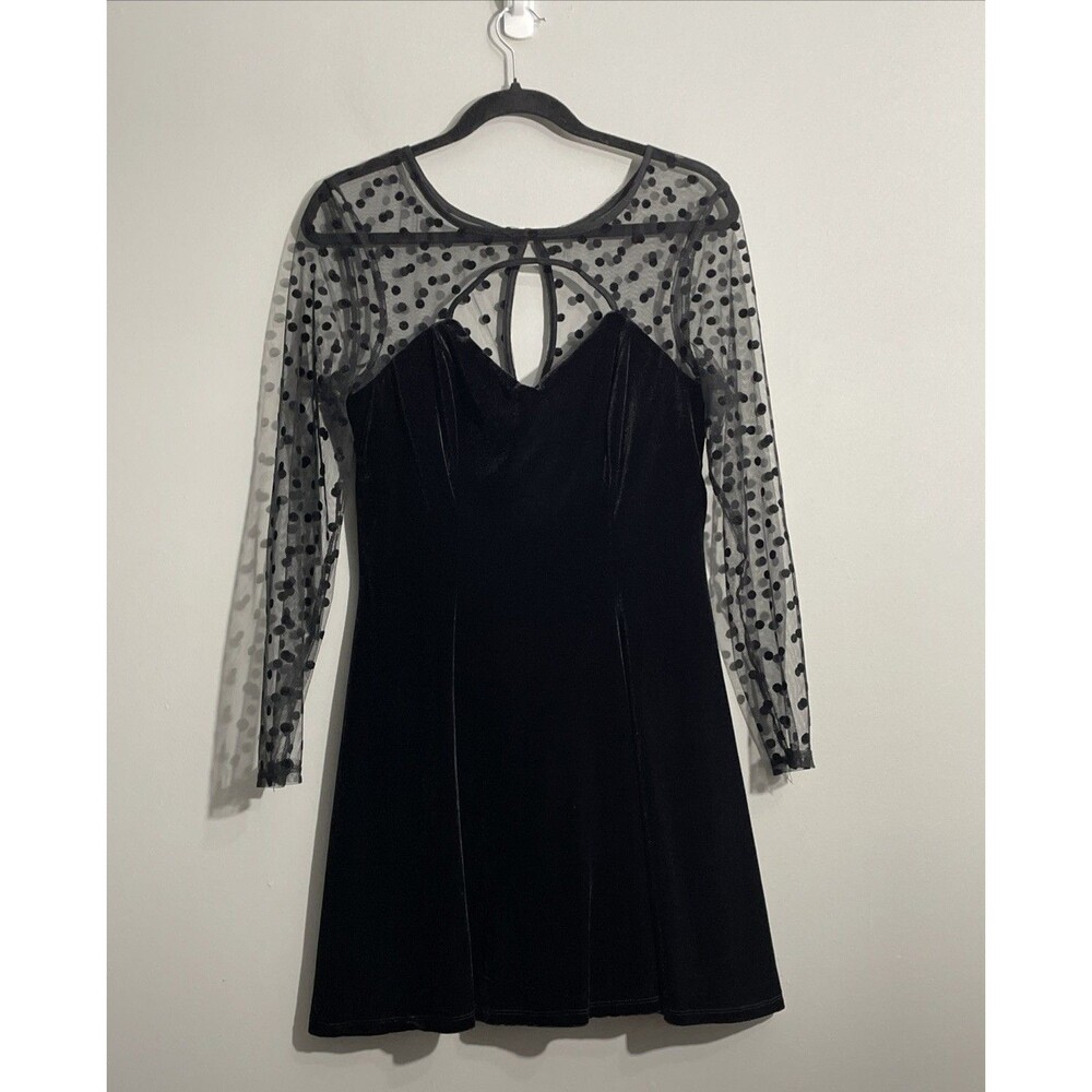 City Vibes Women’s L Velour Dress Polka Dot Sheer Yoke Dramatic Romantic